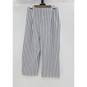 Zara Women's Blue & White Striped 100% Cotton Wide Leg Pants XL Nautical Pleated